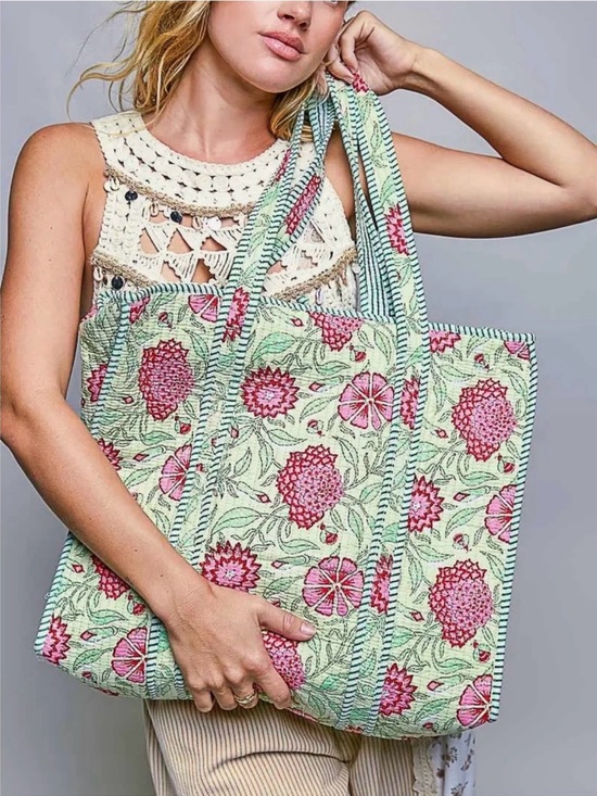 POL Handbags - POL Floral Quilted Tote Bag - Pink & Mint